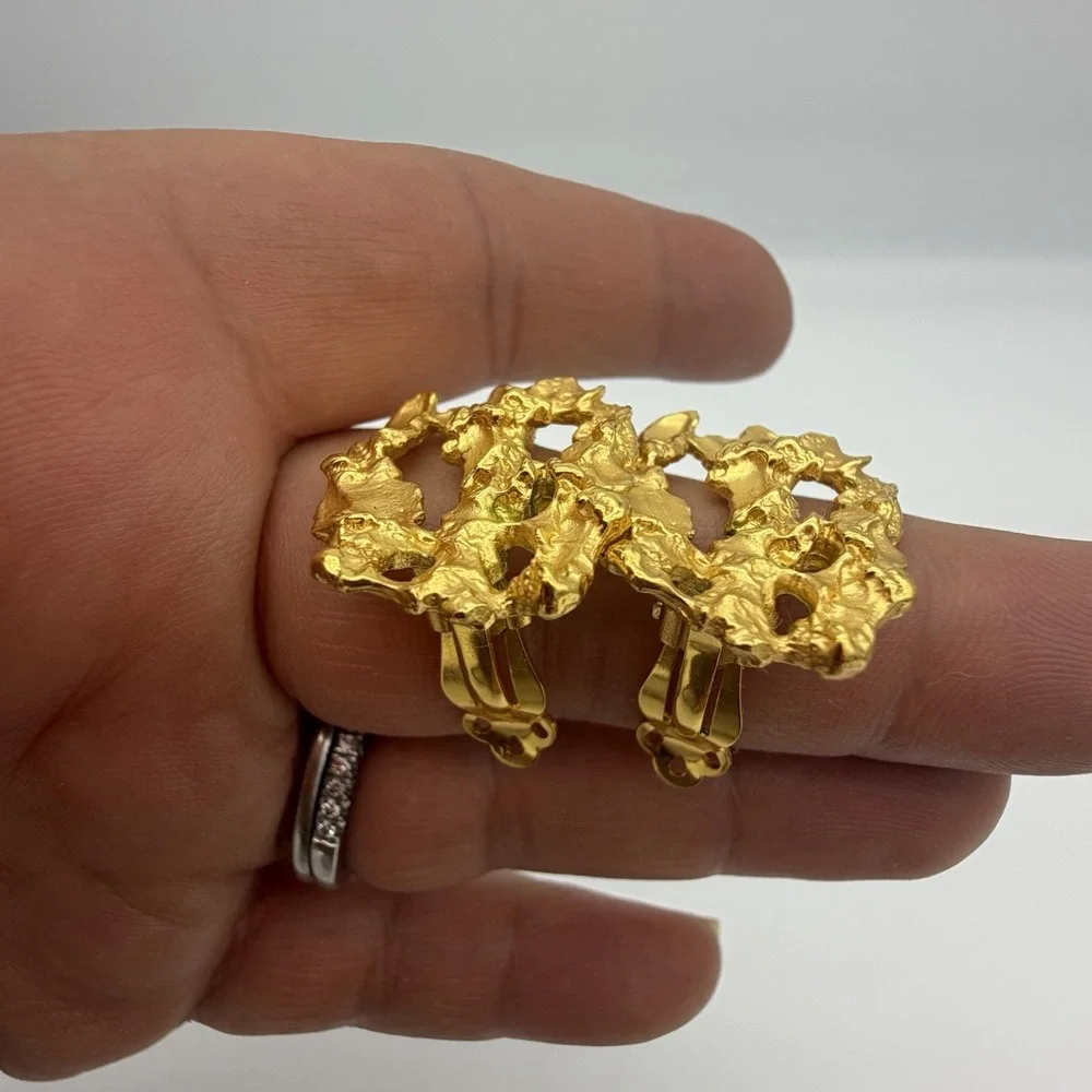 VIntage Smithsonian Earrings Brutalist Chunky Gold Nugget Modernist 80s Museum